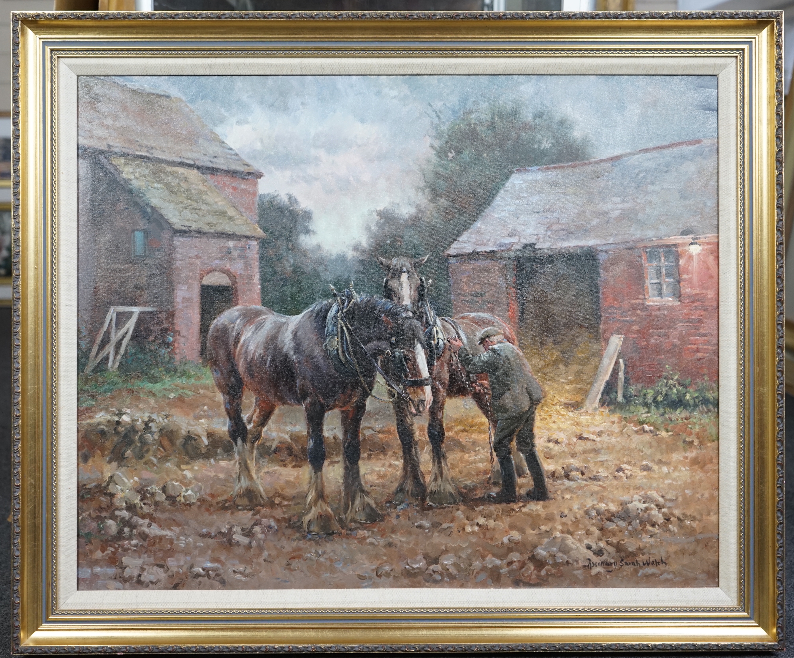 Rosemary Sarah Welch (English, 1946-), Harnessing the horses, oil on canvas, 60 x 75cm